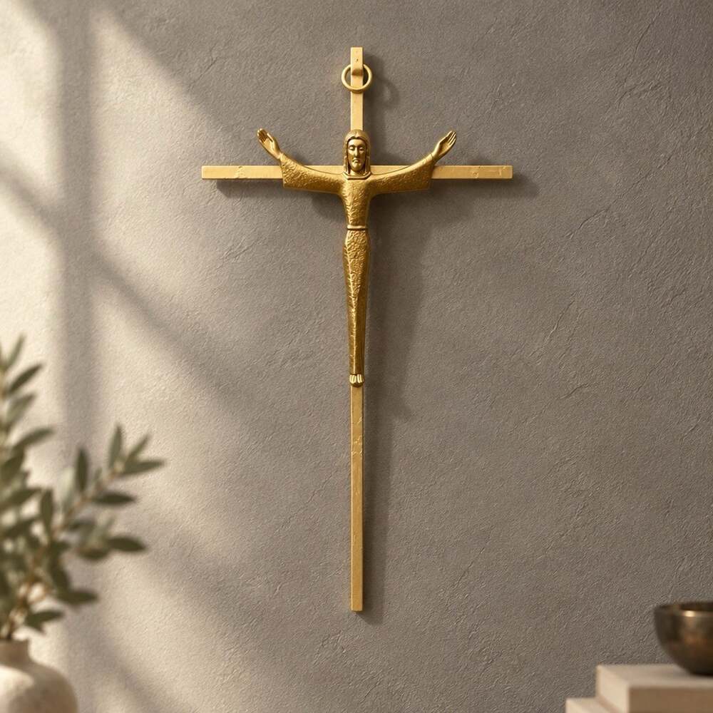 Vintage Brass Crucifix Cross Detailed Christ Figure Wall Hanging MCM